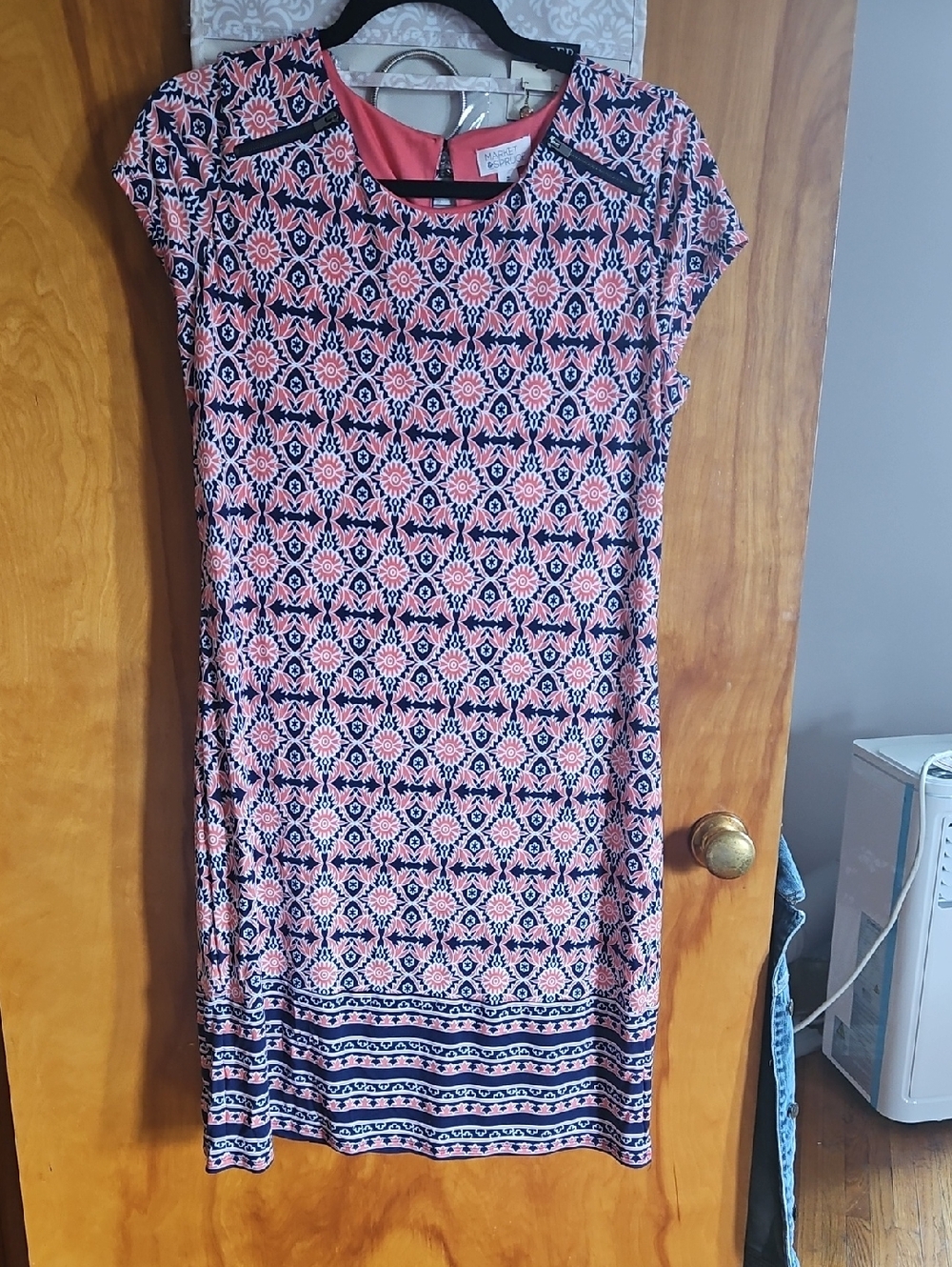 Market & Spruce Coral and Navy Printed Midi Shift Dress